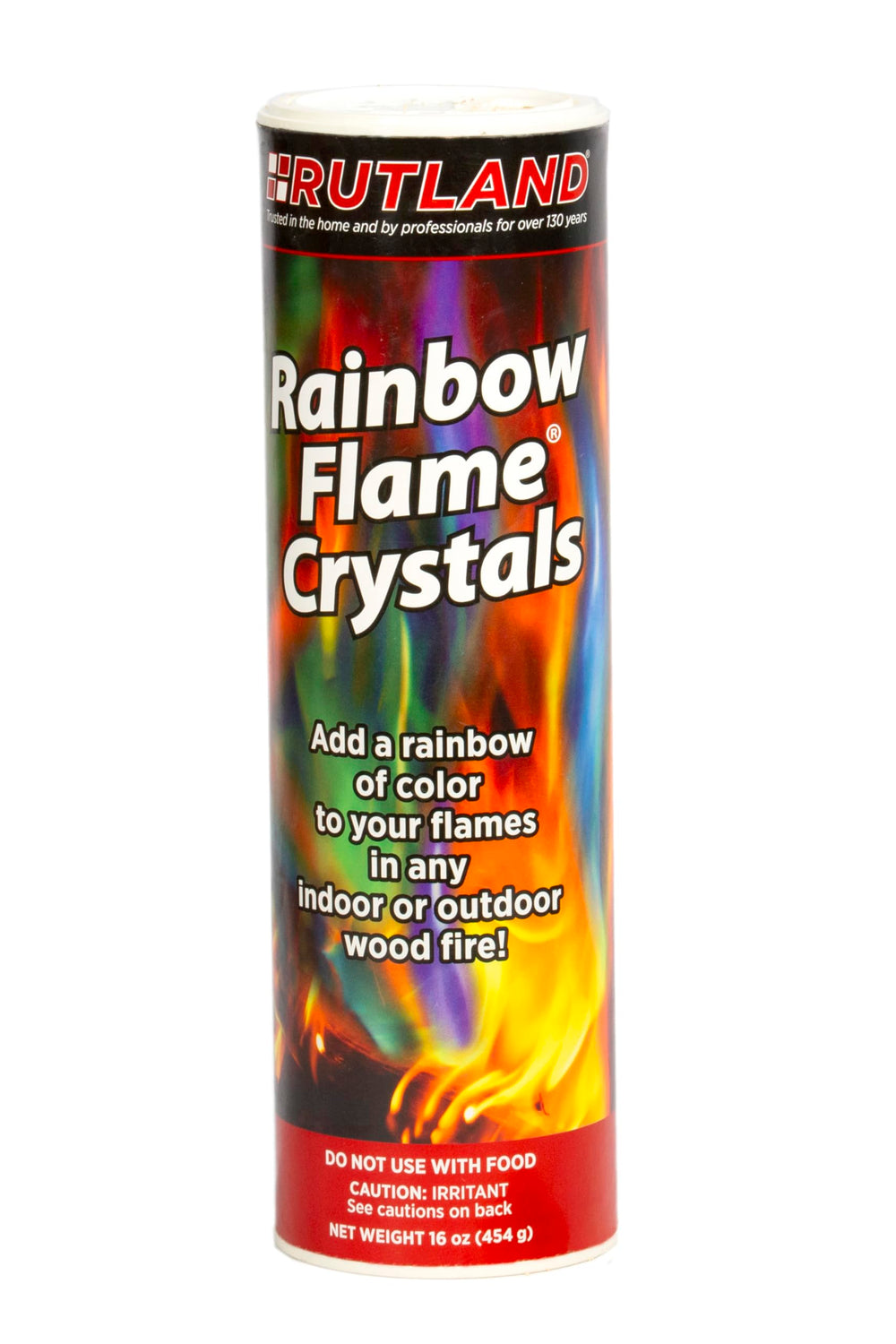 Rutland Rainbow Flame Crystals canister showing vibrant blue, green, and purple flames