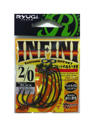 Ryugi Infini 2/0 hook close-up highlighting enhanced rigidity and dull-resistance for tough fishing.