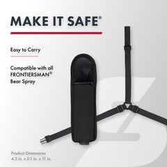 SABRE Frontiersman bear spray holster attached to a belt for hip carry