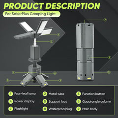SakerPlus telescopic camping lantern extended to full height for tent illumination.
