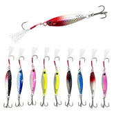 Saltwater lure set showing five 25g and five 30g spoons with ultra-sharp hooks