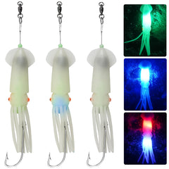 Saltwater squid fishing lure with LED glow on the head