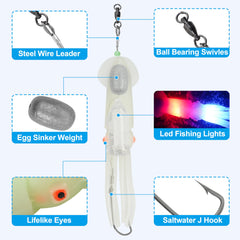 Saltwater squid fishing lure with LED glow on the tail
