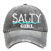 Front view of black Salty Girl hat with embroidered design