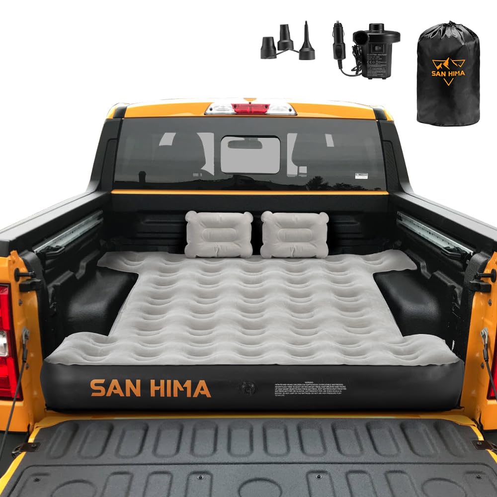 SAN HIMA truck bed air mattress setup shows space-maximizing comfort on compact beds.