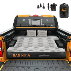 SAN HIMA truck bed air mattress setup shows snug fit for compact regular beds and road-ready comfort