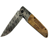 Sandpiper Ink Damascus knife with olive wood handle and personalized engraving option