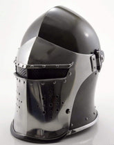 SANGAMSTEELCRAFT Knight Barbute Helmet inner liner close-up, highlighting comfortable fit for reenactment events.