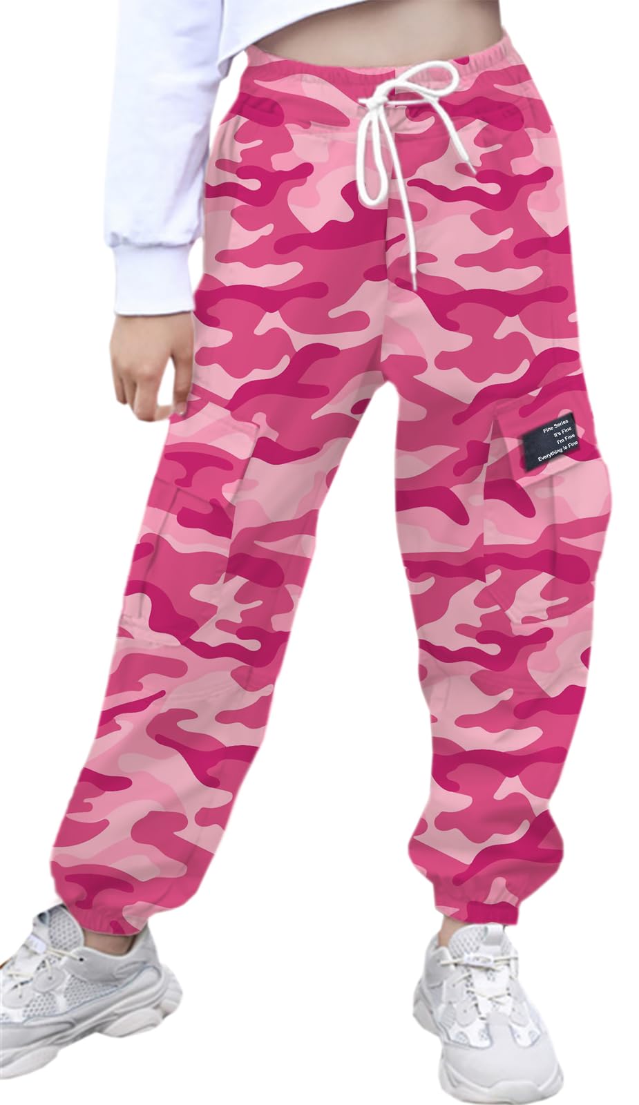 SANGTREE women's cargo pants front view in pink camo with elastic waist for a comfortable fit