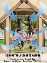 SANHOVO glamping tent with mesh doors and windows for breathable comfort.