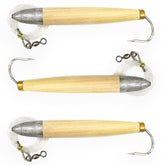 Sanhu 6-inch cedar plug front view, natural color lure designed for offshore tuna trolling.
