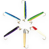 Sanhu 6-Inch Cedar Plug in yellow-red colors; attracts offshore tuna with lifelike baitfish action.
