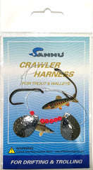 Sanhu Crawler Harness Rigs in 12-inch drift-troll setup for live bait walleye fishing.