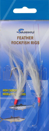 Sanhu Rock Cod Feather Rig 5/0 White in dispenser, ready for deep-sea rockfish fishing.