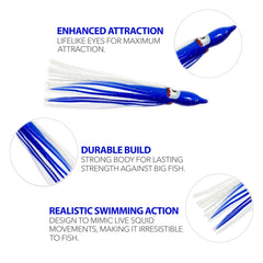 Sanhu blue-white hoochie lure creates natural swimming action to attract predatory species.