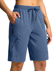 SANTINY women's 10in hiking shorts front view with 5 zip pockets for secure essentials.