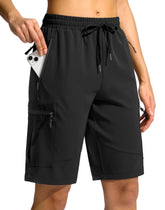 SANTINY women's 10in hiking shorts black front view for breathable summer hiking.