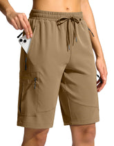SANTINY Women's 10'' hiking shorts front pocket for secure phone access during hikes.
