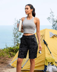 SANTINY women's elastic waistband hiking shorts shown with adjustable drawstring for a comfortable fit.