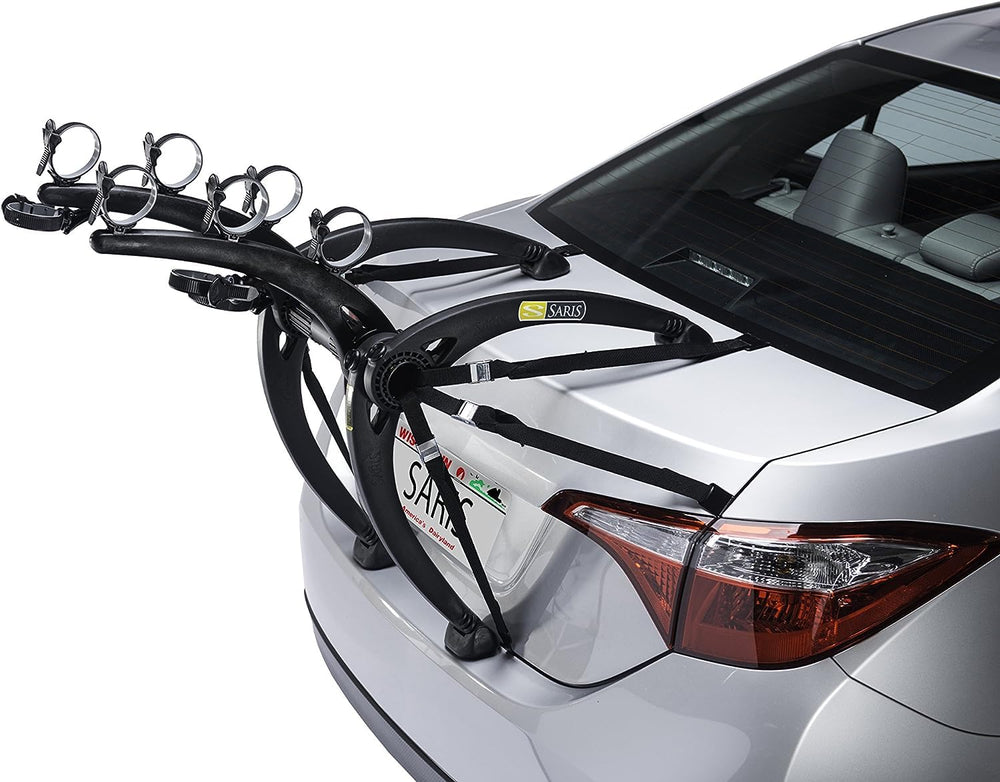 Saris Bones 3-Bike Trunk Rack arc design over spoiler for secure transport