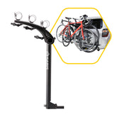 Saris Bones 3-bike hitch rack tilts to allow trunk access while bikes remain mounted