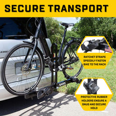 Saris Freedom 2-Bike Hitch Rack folded against car for compact storage