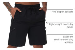 Satankud men's cargo hiking shorts elastic waistband with drawstring in action in black