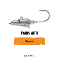 Savage Gear Sandeel Jig Head on soft plastic bait demonstrating compatibility.