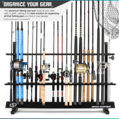 Savior Equipment rod rack side view highlights spacious 24-slot layout for multiple rods.