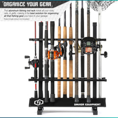 Savior Equipment rod rack side view highlights sturdy aluminum frame and ground stability.