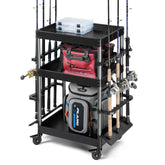 Savior Equipment Mobile Tackle Station cart storing 16 rods in a garage