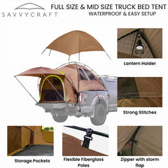 Savvycraft truck bed tent waterproof PU3000mm blocks rain for comfortable nights.