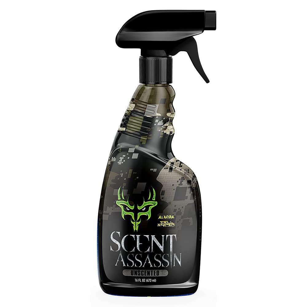 Scent Assassin unscented spray bottle for hunting and camping odor control.