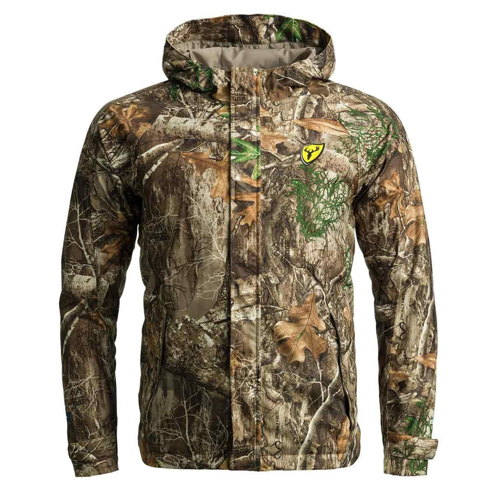ScentBlocker Drencher jacket front view shows lightweight waterproof camouflage