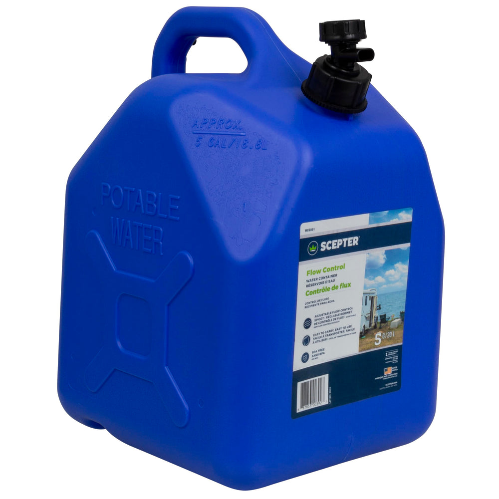 Scepter Flow Control 5-Gallon Water Can pour demonstrates controlled dispensing for outdoor use.