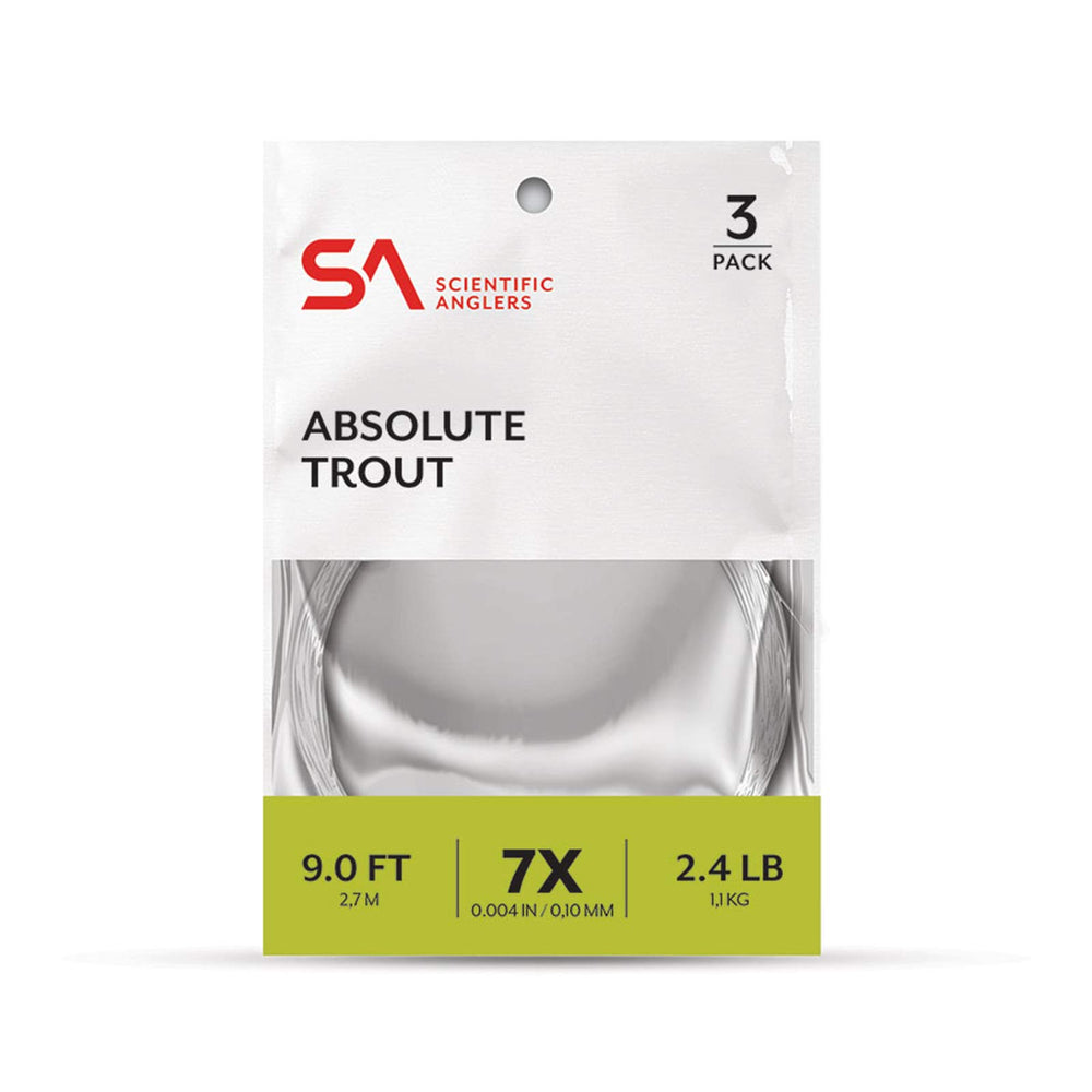 Scientific Anglers Absolute Trout Leaders packaging highlights recyclable materials and durable copolymer construction.
