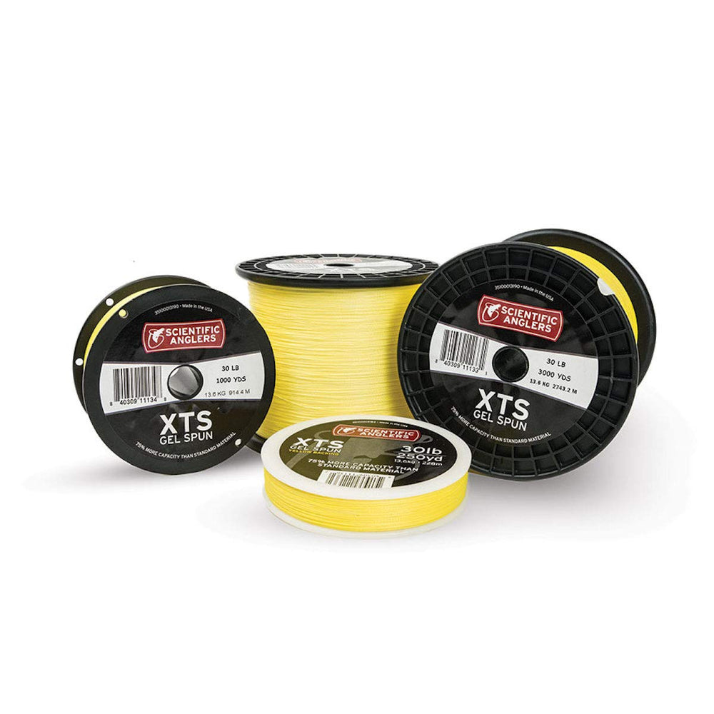 Scientific Anglers XTS backing 50 lb yellow, high capacity for long casts and abrasion resistance.