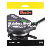 Scotty 1000 premium stainless downrigger cable on a 200 ft spool closeup highlights corrosion resistance.