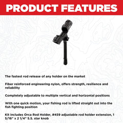 Scotty 459 extension arm enables precise rod positioning and extended reach.