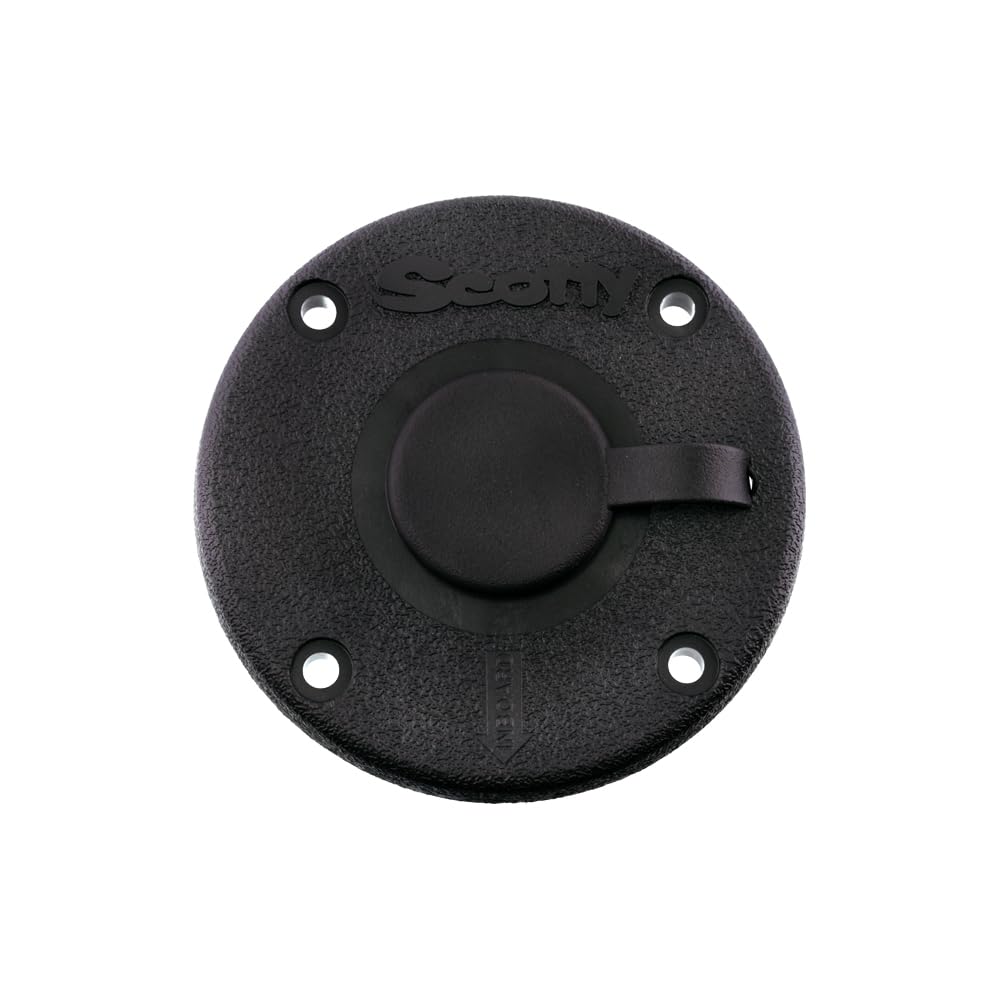 Scotty 344-BK round flush deck bracket with rain cap provides weather protection.