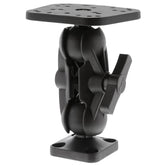 Scotty 164 ball mount with sounder plate angled view for secure marine electronics.
