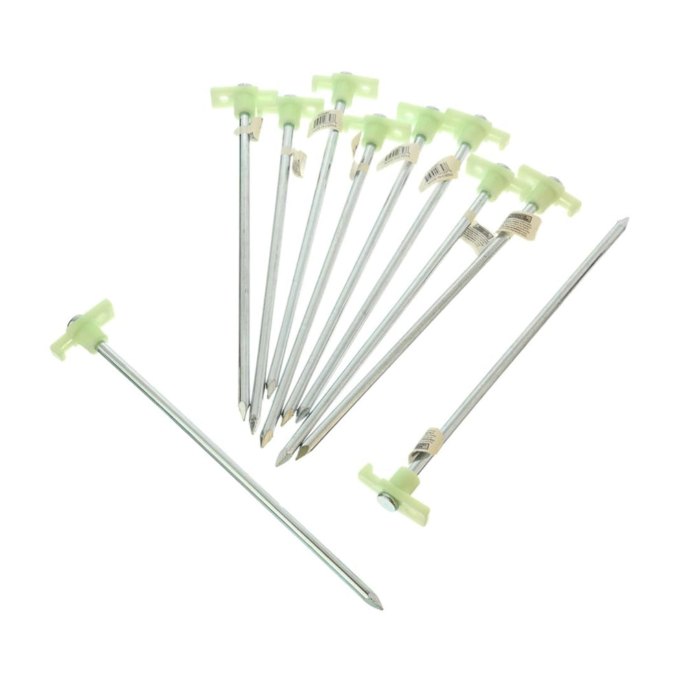 SE 10-and-a-half-inch metal tent pegs with glow-in-the-dark stoppers for night visibility.