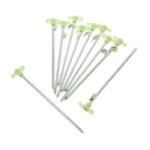 SE 10-and-a-half-inch metal tent pegs with glow-in-the-dark stoppers for night visibility.