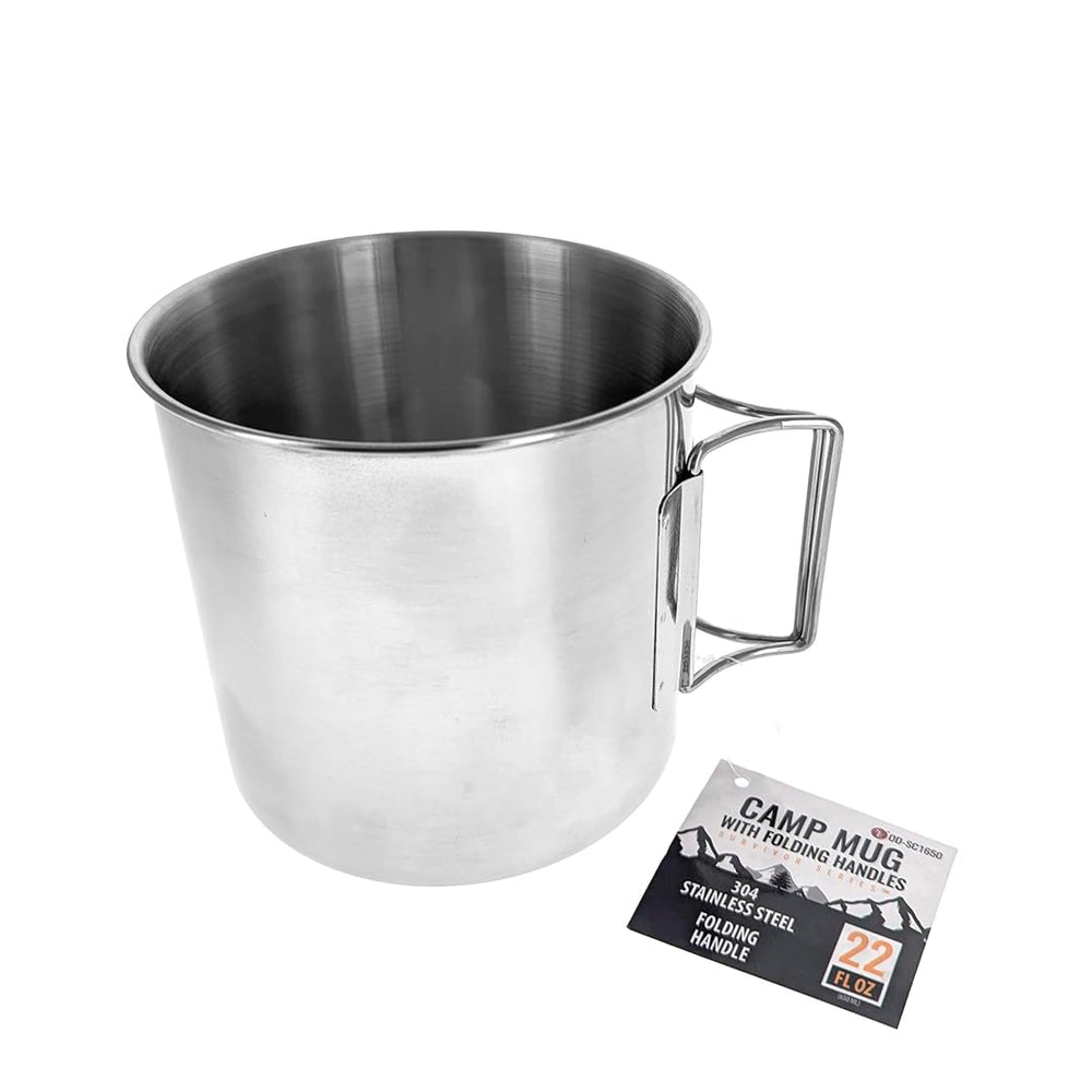 SE 22 oz stainless steel camp mug with folding handles for space-saving packing.