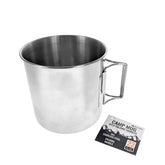 SE 22 oz stainless steel camp mug with folding handles for space-saving packing.