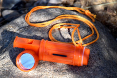 SE 5-in-1 whistle includes a fire starter for campfire readiness.