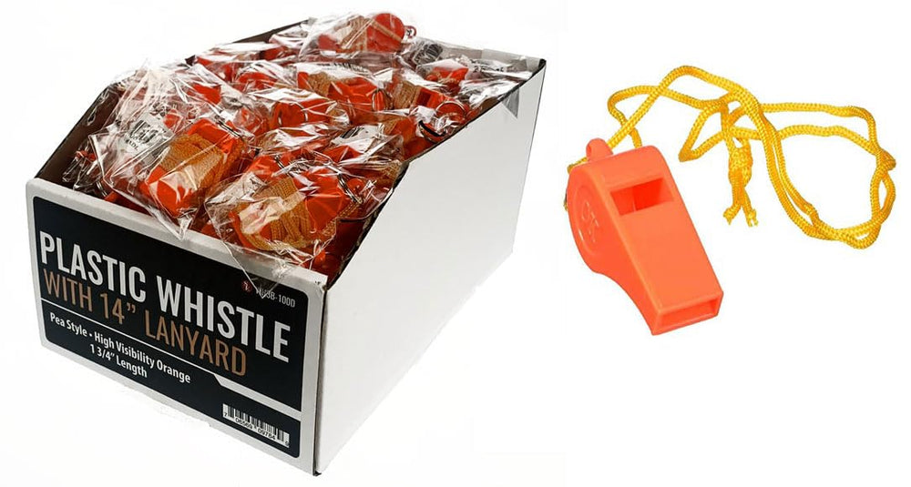 SE orange plastic whistle with 14-inch lanyard for quick signaling during outdoor events.