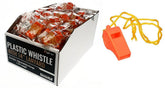 SE orange plastic whistle with 14-inch lanyard for quick signaling during outdoor events.