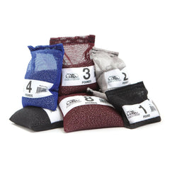 Sea Pearls colored bags and large numerals aid size identification during setup