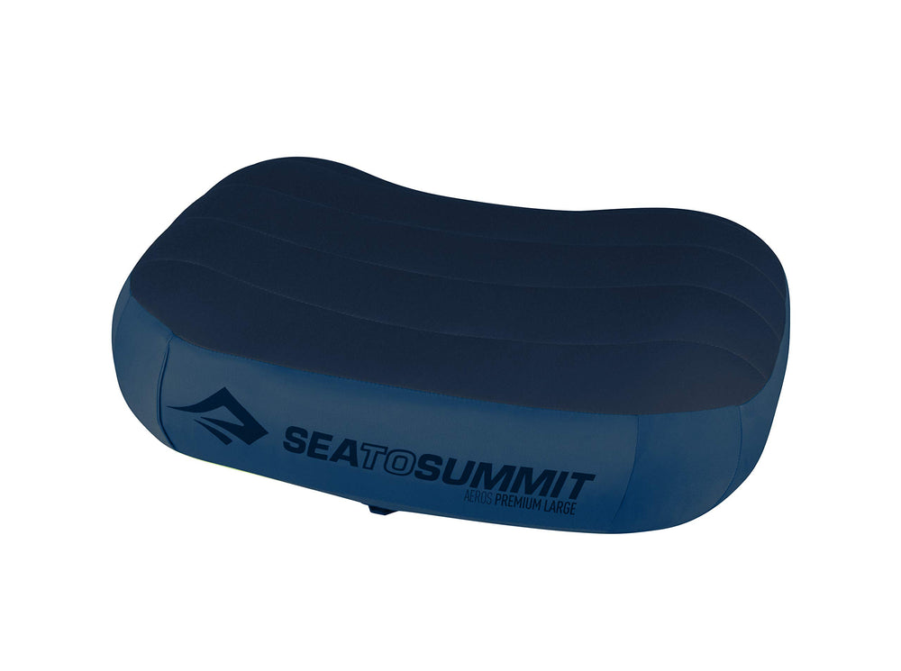 Sea to Summit Aeros Premium inflatable travel pillow, navy knit texture for comfort.